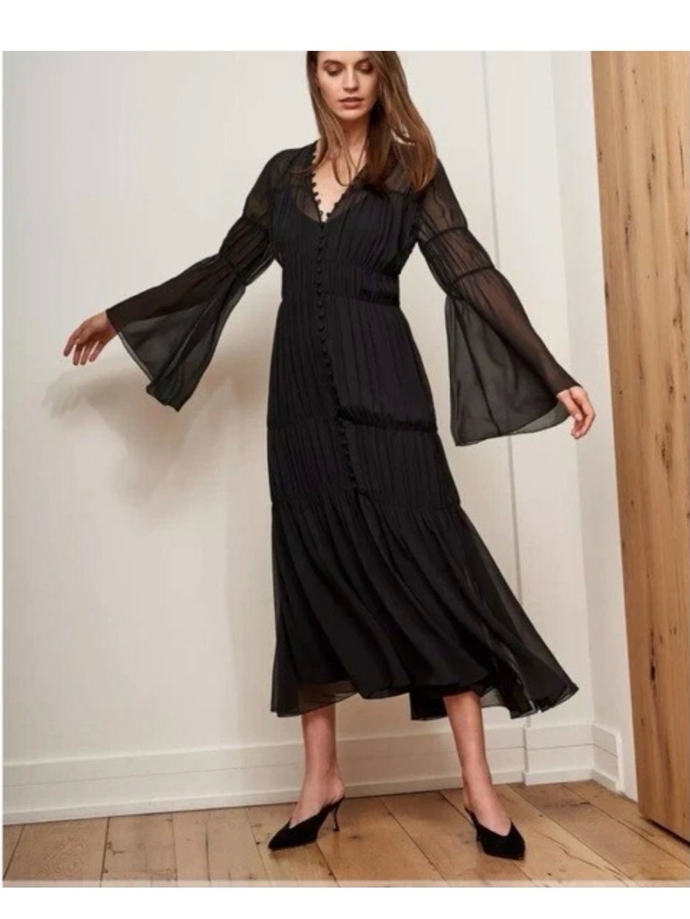 La Ligne Long Sleeve Midi tiered silk Dress - Elegant Women's Dress